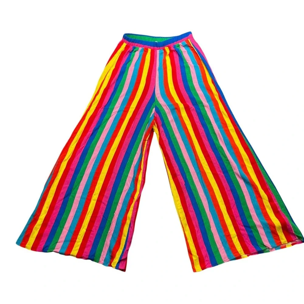 NEW Show Me Your Mumu Rainbow Stripe‎ Wide Leg Rayon Pants Elastic Waist XS NWT